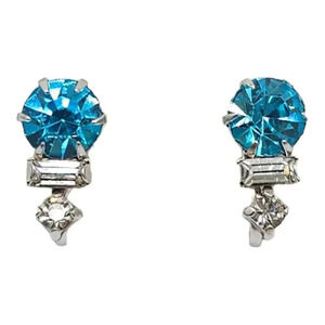 L.G. Blue Clear Rhinestone Earrings Screw Back Closure Silver Tone Vintage